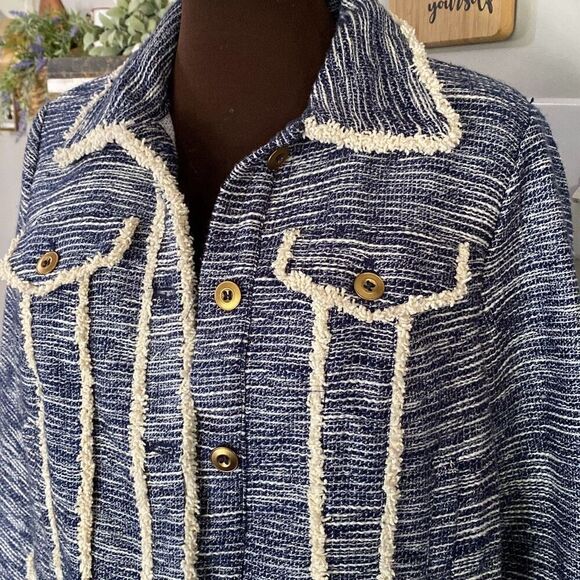 Catherine Malindrino tweed blazer jacket women’s size medium navy blue cream but - Picture 2 of 13